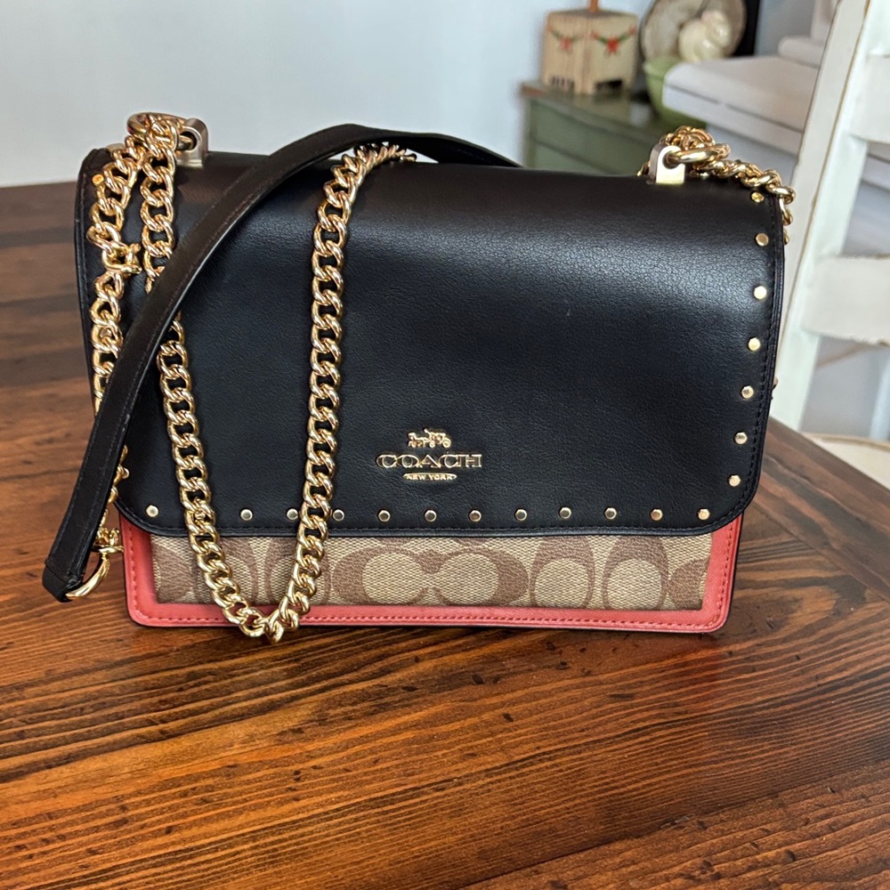 Coach Black and Brown Crossbody Bag with Gold Chain